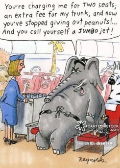 'You're charging me for TWO seats; an extra fee for my trunk, and now you've stopped giving out peanuts!...and you call yourself a JUMBO jet.'
